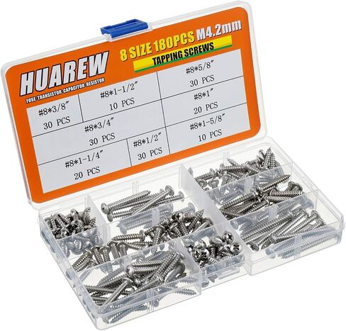 8 مقاسات 180 قطعة #8x3/8"-#8x1-5/8" M4.2 مم 304 من الفولاذ المقاوم للصدأ غاطسة مجموعة تصنيف براغي ذاتية اللولبة in Saudi Arabia