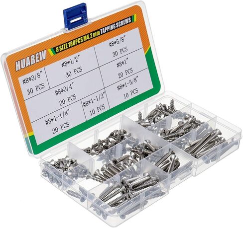 8 مقاسات 180 قطعة #8x3/8"-#8x1-5/8" M4.2 مم 304 من الفولاذ المقاوم للصدأ غاطسة مجموعة تصنيف براغي ذاتية اللولبة in Saudi Arabia