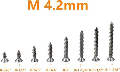 8 مقاسات 180 قطعة #8x3/8"-#8x1-5/8" M4.2 مم 304 من الفولاذ المقاوم للصدأ غاطسة مجموعة تصنيف براغي ذاتية اللولبة in Saudi Arabia