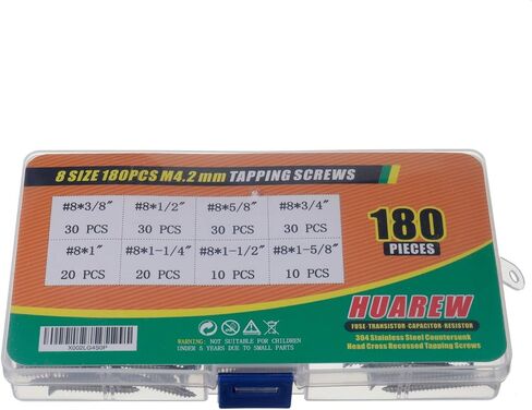 8 مقاسات 180 قطعة #8x3/8"-#8x1-5/8" M4.2 مم 304 من الفولاذ المقاوم للصدأ غاطسة مجموعة تصنيف براغي ذاتية اللولبة in Saudi Arabia