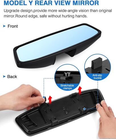 مرآة الرؤية الخلفية لملحقات Tesla Model Y 2020 2021 2022 2023 زاوية واسعة مضادة للوهج تقلل البقع العمياء داخل مرآة الرؤية الخلفية البانورامية قطعة واحدة (عدسة زرقاء) in Kuwait