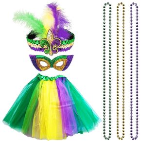 4pcs Mardi Gras Costume Kit Tutu Skirt Feather Headband Mardi Gras Mask and Beads for Halloween Carnival Cosplay Party