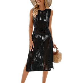 Uvog Womens Crochet Swim Cover Up Long Sexy Sleeveless Beach Swimsuit Coverup Dress