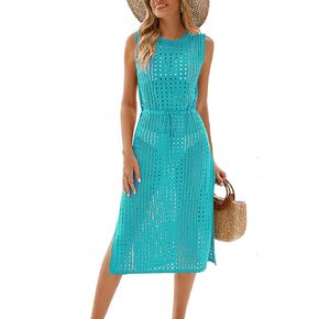 Uvog Womens Crochet Swim Cover Up Long Sexy Sleeveless Beach Swimsuit Coverup Dress
