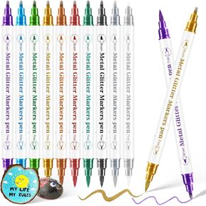 Metallic Markers Pens, Dual Tip Metallic Pens for Rock Painting,Tattoo painting, Ceramic, Card Making, Black Paper, Easter Egg, Metal, Wine Glass