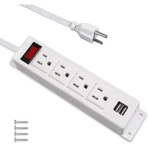 Mountable Power Strip with USB Ports,Wall Mount Power Outlets Screw Down Power Socket in Desk Under Cabinet Power Station 4AC Outlet 2 USB 6.56 Feet Extension Cord, On&Off Switch Black