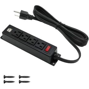 شريط طاقة قابل للتركيب مع منافذ USB، منافذ طاقة مثبتة على الحائط، مقبس طاقة مثبت في المكتب أسفل الخزانة، محطة طاقة 4 مخرج تيار متردد، 2 سلك تمديد USB 6.56 قدم، مفتاح تشغيل وإيقاف أسود