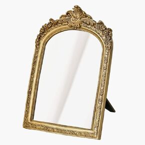 Vintage Vanity Desk Makeup Mirror,Small Antique Gold Decorative Wall Mirror,Resin Carved Arch Table Mirror with Stand for Living Room,Bedroom Dresser,Desktop Decor 10.2" x 7" ﻿