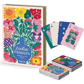 Galison Zodiac Flowers – Playing Card Set Includes 2 Standard Card Decks Featuring Flowers Paired with Zodiac Signs in A Gold Foiled Magnetic Book Box