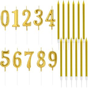 22Pcs Gold Birthday Candles Set - Number Candles 0 1 2 3 4 5 6 7 8 9 and 12Pcs Long Thin Metallic Candles for Cake Cupcake Decoration Party Supplies Men Women Girl Boy