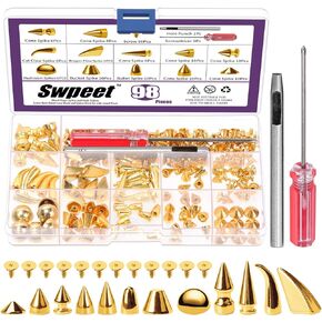 Swpeet 96 Sets 12 Styles Gun-Black Mixed Shape Spikes and Studs Metal Screw Back Bullet Cone Studs and Spikes Rivet Leather Rivets Kit with Install Tools for DIY Craft Leather Craft Repairs Decoration