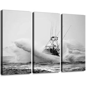 blaverr 3 Panel Wall Art Modern Artworks for Home Decor Canvas Prints sport fishing boat crashing through waves windy ocean stock pictures Pictures for Living Room Bedroom Decoration, Ready to Hang