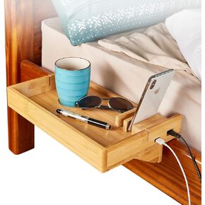 Bamboo Bedside Shelf for Bed, Dorm Bed Shelf fits a Laptop, Books, and Drink, Removeable Bedside Tray with USB Ports to Charge Devices, Versatile bunk Bed Shelf for Small Spaces & loft