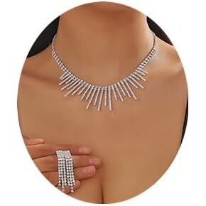 Sither Crystal Necklace Earrings Set for Women Silver Tassel Crystal Statement Necklace Dressy Fashion Necklace Jewelry for Halloween Party Christmas Gift