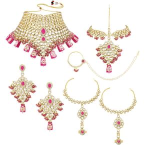 Aheli Classic Bollywood Style Indian Bridal Choker Necklace Matha Patti Nose Ring Haath Phool Wedding Fashion Jewelry Set for Women