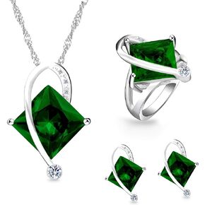 Charm Created Topaz Big Square Crystal Necklace Stud Earrings Rings Party Jewelry Set for Women