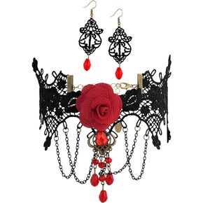 Sacina Set Red Flower Choker Earrings, Black Velvet Victorian Choker Necklace, Gothic Choker, Vintage Necklace, Costume Jewelry, Christmas Jewlery Gift for Women