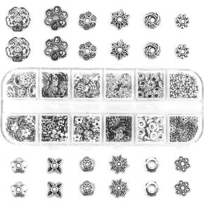 Silver Spacer Beads Caps, LEEFONE 360 PCS 12 Styles Tibetan Alloy Bead Spacers for Jewelry Making DIY Bracelets Necklace Supplies