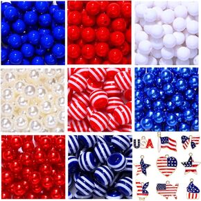 YAHPERN 209PCS 4th of July Patriotic Beads Charms for Jewelry Making Enamel American Flag Star Charms Red Blue Acrylic Pearl Beads for DIY Independence Day Necklace Bracelets