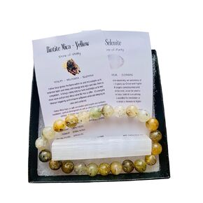 Crystal Yellow Biotite Mica 8 mm Round Bead Stretch Bracelet ~ Gift Set with Complimentary Selenite ~ Semi-Precious Gemstone ~ 7.25-7.50 Inches ~ Unisex ~ Reiki ~ Metaphysical ~ Meditation Crystals