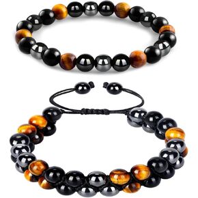 سوار حماية ثلاثي للرجال والنساء من الهيماتيت الأسود الحقيقي من حجر السج عين النمر الخرز الحجري الطبيعي 8 مم أساور كريستال علاجية حرفية (الهيماتيت + حجر السج الأسود + عين النمر الأصفر) in Kuwait