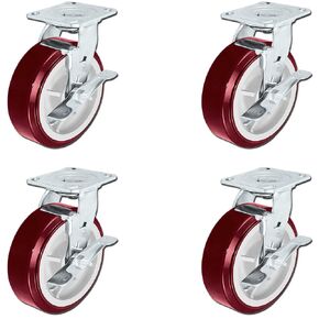 CasterHQ - 6" x 2" Heavy Duty Polyurethane Swivel Casters with Brakes, Pack of 4-3600lbs Total Capacity - Top Lock Brakes