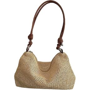 SweatyRocks Women's Straw Bag Paper Knot Strap Handle Zipper Shoulder Bag Summer Beach Weave Tote Bags