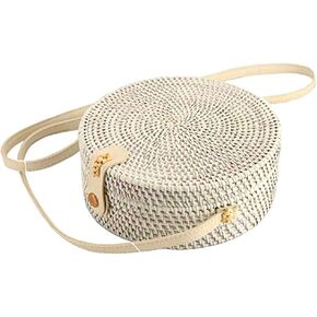 Handwoven Round Rattan Straw Bag for Women Shoulder Leather Button Straps Natural Chic Handmade Boho Bag Bali Purse