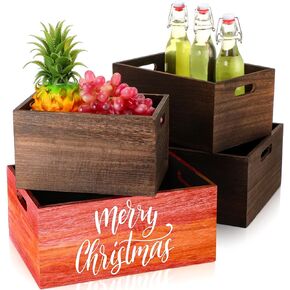 Set of 4 Large Wood Storage Crates with Handles 4 Size Wood Craft Nesting Box Rustic Farmhouse Basket Container for Kitchen Bathroom Home Pantry Party Display Storage(Black)