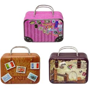 Honbay 3PCS Mini Suitcase Candy Boxes Small Tin Plate Gift Box Rectangular Coin Storage Container with Hinged Lids for Travel Party Wedding Decorations (3 Styles)