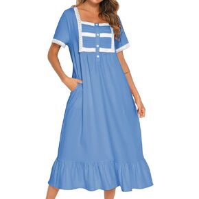 Women's Victorian Nightgown Short Sleeve Sleep Dress Vintage Lace Frill Calf Old Fashioned Pajama Shirt