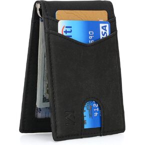 RFID Blocking Leather Money Clip Wallet for Men - Slim Bifold Front Pocket Credit Card Holder with Secure Clip