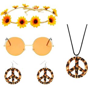 GSHLLO 70s Outfits Set 60s Style Hippie Costume Accessories Flower Crown Headband Peace Sign Necklace Hippie Sunglasses