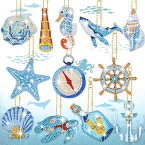 BBTO 15 Pcs Summer Ocean Diamond Painting Keychains Kits 5D DIY Summer Diamond Art Keyrings Sea Animals Theme Diamond Painting Key Chains for Beach Party Crafts Ornaments Kids
