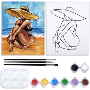 Nuberlic 8x10 Pre Drawn Canvas for Painting for Adults, Canvas Painting Kit DIY Paint and Sip Party Supplies, Africa Woman Beach Artwork, Birthday Gift