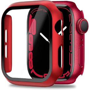Miimall متوافق مع Apple Watch Series 8 45mm Case مع واقي شاشة مضاد للخدش وصدمات PC وغطاء ممتص للصدمات من الزجاج المقسى لساعة Apple Watch Series 8 Series 7 45mm (أحمر)
