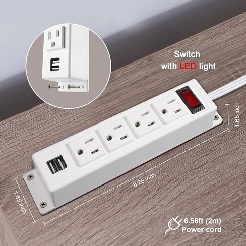 Mountable Power Strip with USB Ports,Wall Mount Power Outlets Screw Down Power Socket in Desk Under Cabinet Power Station 4AC Outlet 2 USB 6.56 Feet Extension Cord, On&Off Switch Black in Saudi Arabia