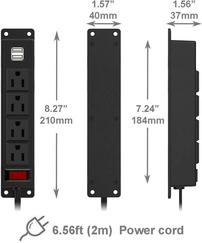 Mountable Power Strip with USB Ports,Wall Mount Power Outlets Screw Down Power Socket in Desk Under Cabinet Power Station 4AC Outlet 2 USB 6.56 Feet Extension Cord, On&Off Switch Black in Saudi Arabia