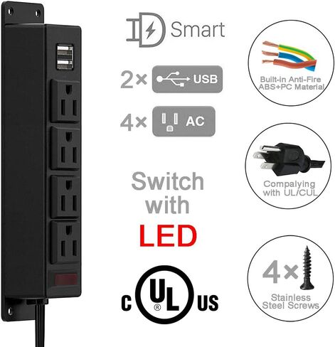Mountable Power Strip with USB Ports,Wall Mount Power Outlets Screw Down Power Socket in Desk Under Cabinet Power Station 4AC Outlet 2 USB 6.56 Feet Extension Cord, On&Off Switch Black in Saudi Arabia