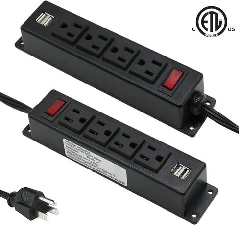 Mountable Power Strip with USB Ports,Wall Mount Power Outlets Screw Down Power Socket in Desk Under Cabinet Power Station 4AC Outlet 2 USB 6.56 Feet Extension Cord, On&Off Switch Black in Saudi Arabia