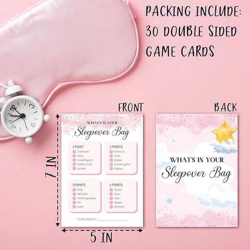 Slumber Party Games for Adults, What's in Your Sleepover Bag - Sleepover Games Card, Blush Pink Pajama Party Game Idea, Girls Birthday Party Supplies & Activity, Set of 30 Game Cards-A05 in Kuwait