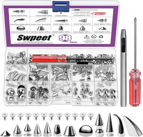 Swpeet 96 Sets 12 Styles Gun-Black Mixed Shape Spikes and Studs Metal Screw Back Bullet Cone Studs and Spikes Rivet Leather Rivets Kit with Install Tools for DIY Craft Leather Craft Repairs Decoration in Saudi Arabia