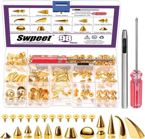 Swpeet 96 Sets 12 Styles Gun-Black Mixed Shape Spikes and Studs Metal Screw Back Bullet Cone Studs and Spikes Rivet Leather Rivets Kit with Install Tools for DIY Craft Leather Craft Repairs Decoration in Saudi Arabia
