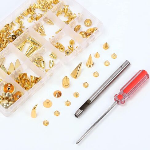 Swpeet 96 Sets 12 Styles Gun-Black Mixed Shape Spikes and Studs Metal Screw Back Bullet Cone Studs and Spikes Rivet Leather Rivets Kit with Install Tools for DIY Craft Leather Craft Repairs Decoration in Saudi Arabia