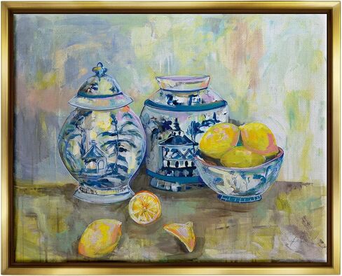 Stupell Industries Lemons and Pottery Yellow Blue Classical Painting, Floater Frame, Design by Jeanette Vertentes in Saudi Arabia