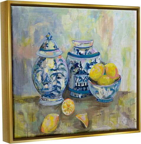Stupell Industries Lemons and Pottery Yellow Blue Classical Painting, Floater Frame, Design by Jeanette Vertentes in Saudi Arabia