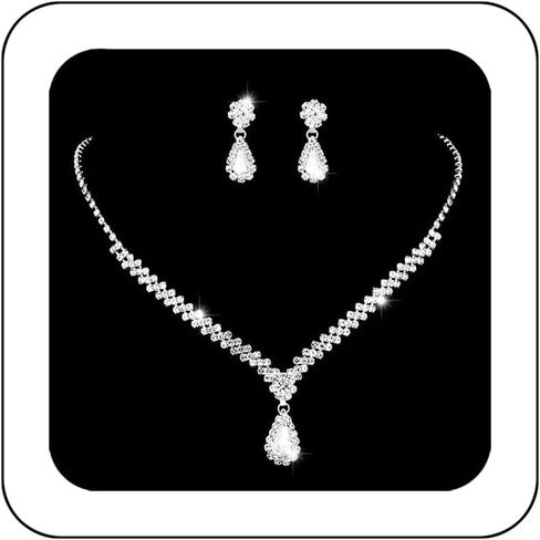 Unicra Rhinestone Bridal Wedding Jewelry Set Silver Crystal Necklace Earrings Sets Formal Costume Jewelry for Women and Brides in Saudi Arabia
