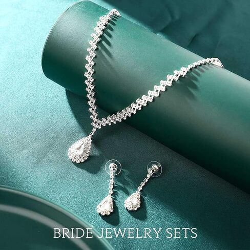 Unicra Rhinestone Bridal Wedding Jewelry Set Silver Crystal Necklace Earrings Sets Formal Costume Jewelry for Women and Brides in Saudi Arabia