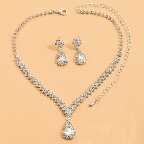 Unicra Rhinestone Bridal Wedding Jewelry Set Silver Crystal Necklace Earrings Sets Formal Costume Jewelry for Women and Brides in Saudi Arabia