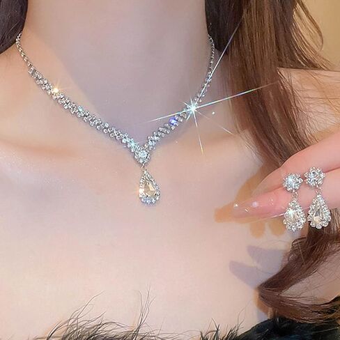 Unicra Rhinestone Bridal Wedding Jewelry Set Silver Crystal Necklace Earrings Sets Formal Costume Jewelry for Women and Brides in Saudi Arabia